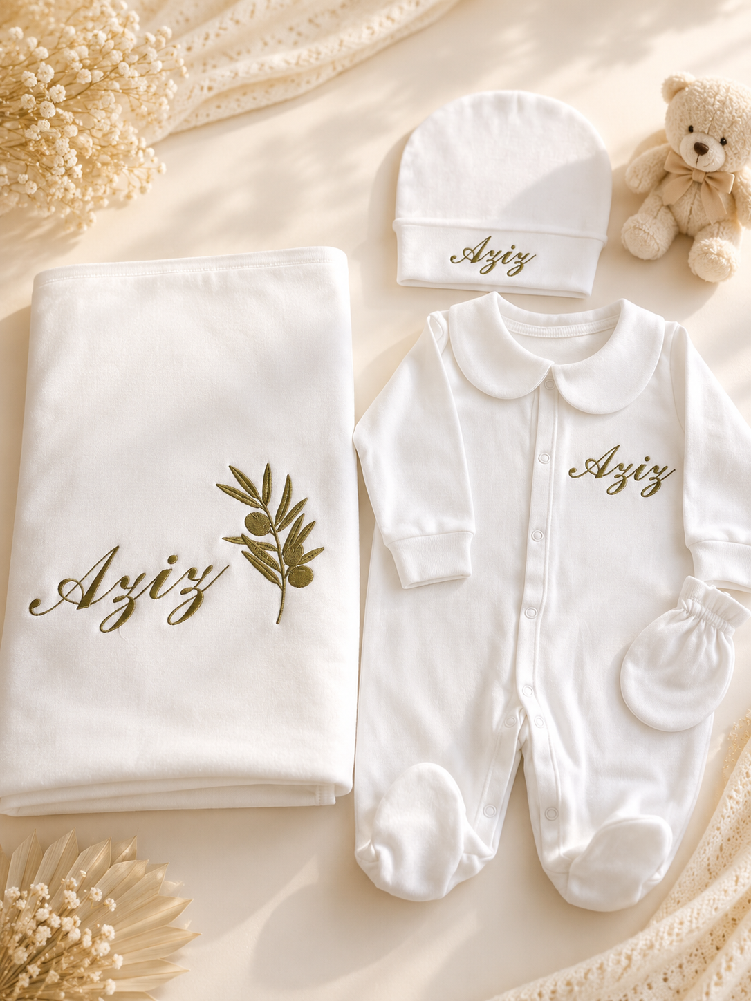 JERSEY Personalisiertes 10-teiliges Baumwoll-Set mit Olivenzweig-Stickerei 🌿