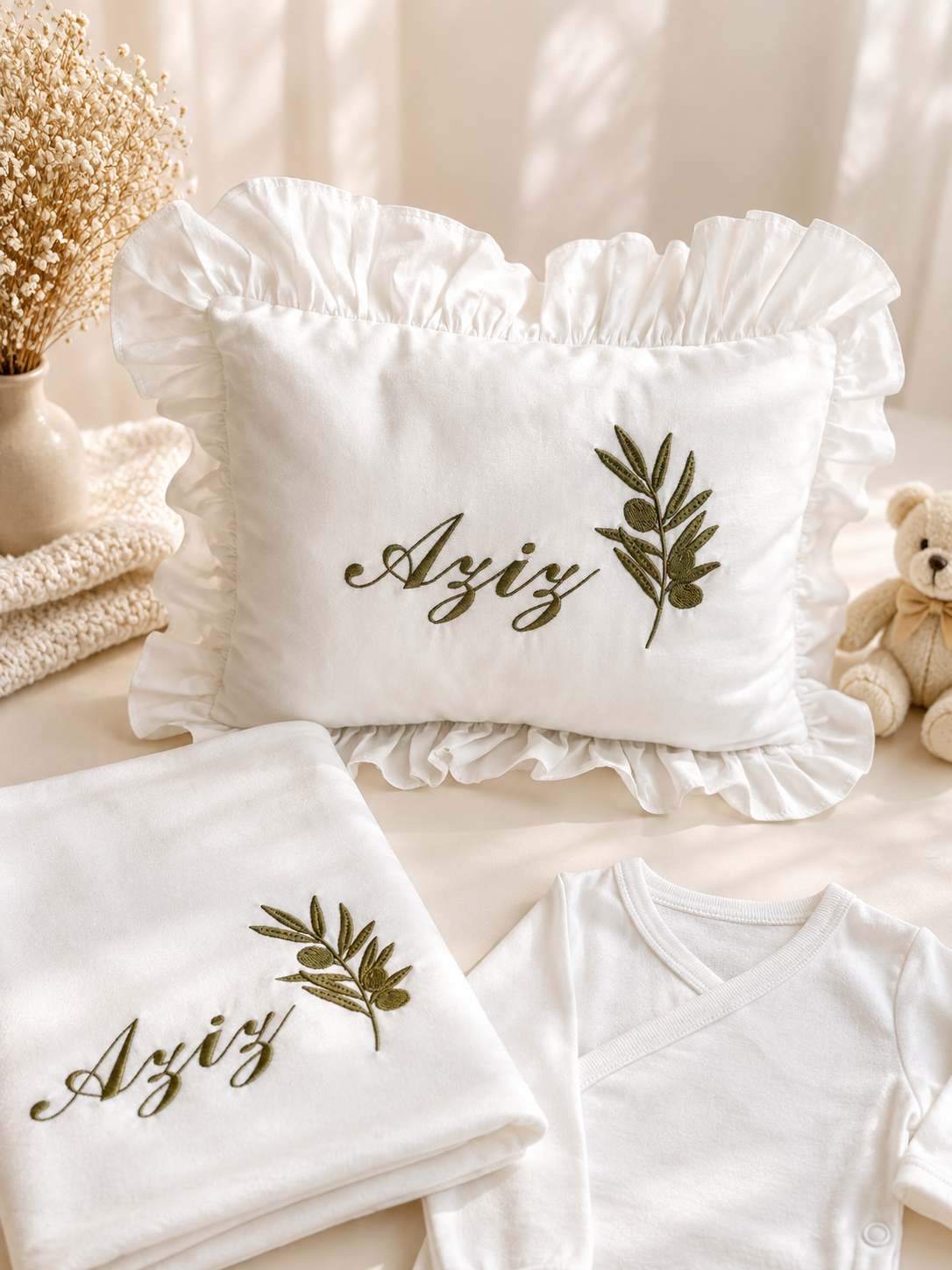 JERSEY Personalisiertes 10-teiliges Baumwoll-Set mit Olivenzweig-Stickerei 🌿
