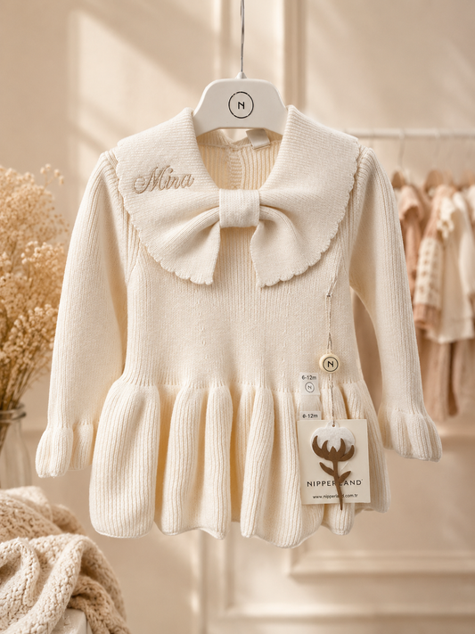 Strickkleid mit Schleife in Creme