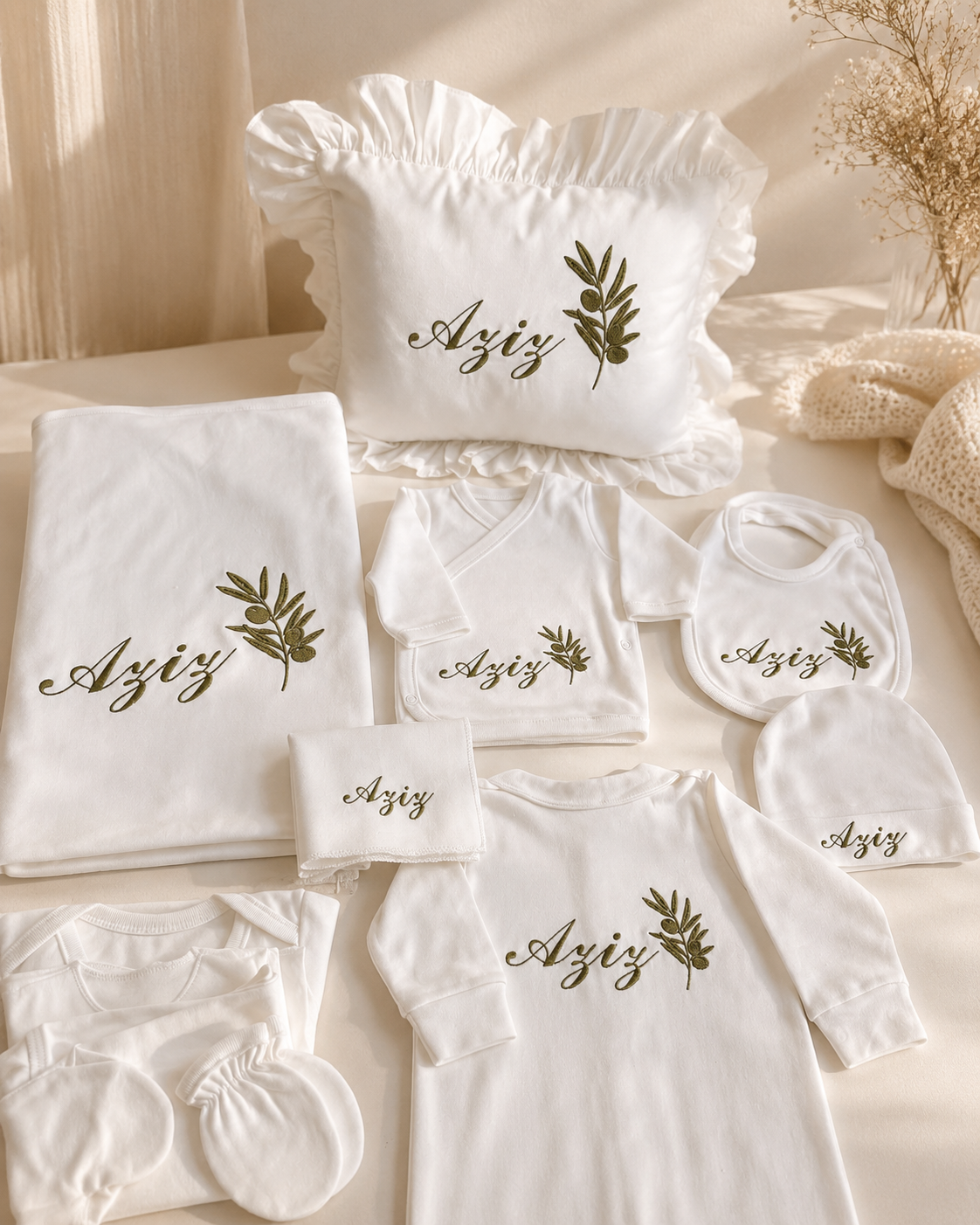 JERSEY Personalisiertes 10-teiliges Baumwoll-Set mit Olivenzweig-Stickerei 🌿