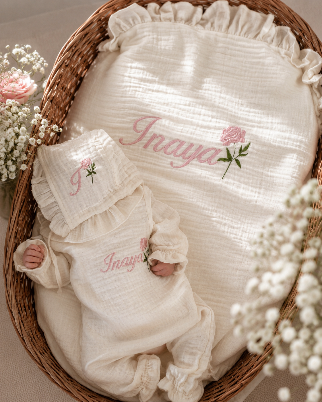 MUSSELIN - Personalisiertes  Babyset mit Blumendetail